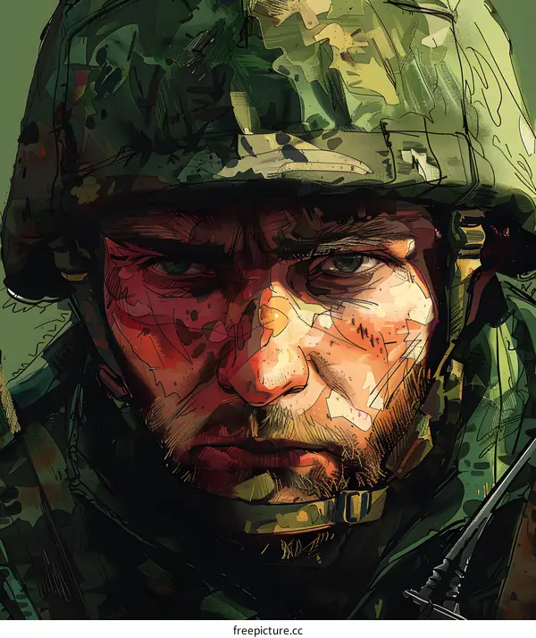 Portrait of a soldier wearing a green camouflage helmet