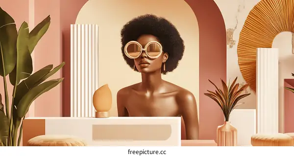 Woman with Afro Wearing Sunglasses in a Minimalist Interior Design