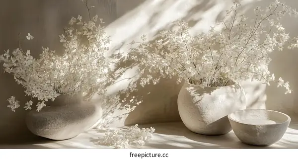 White Flowers in Ceramic Vases on Beige Wall