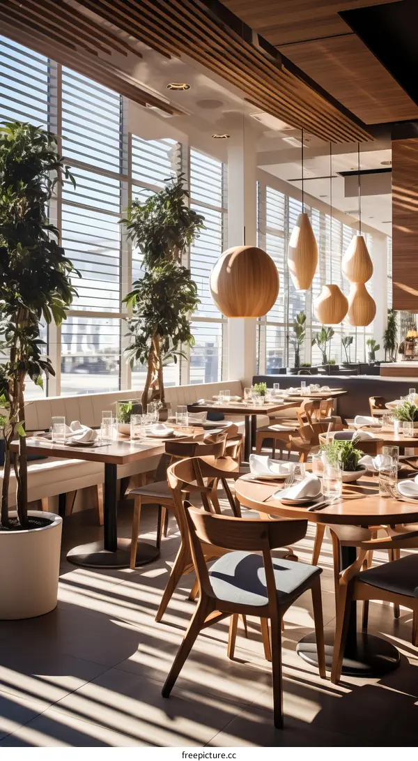 Fine dining restaurant with large windows and wooden furniture
