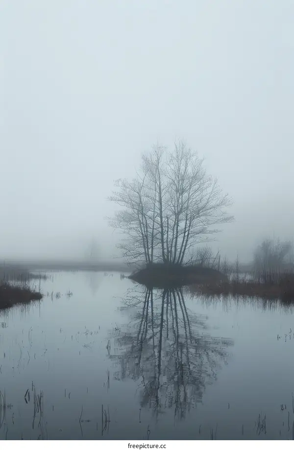 Mysterious Island Emerging from Fog on a Serene Lake