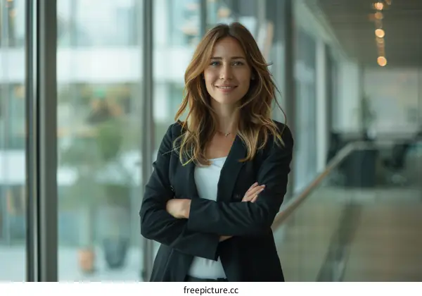 Confident business woman standing with arms crossed in modern office space
