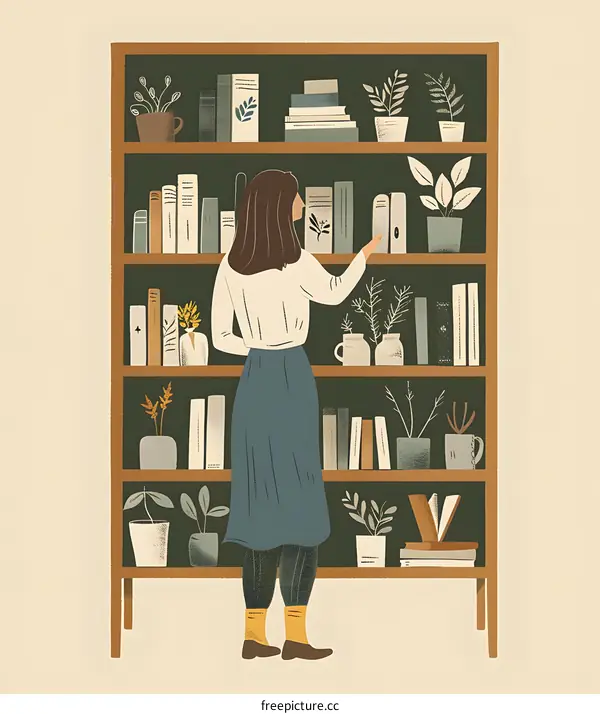 Woman Reaching For Book On Shelf With Plants