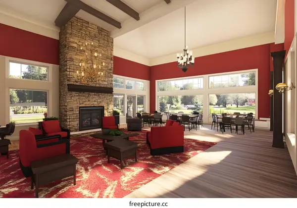 Modern Interior Design With Red Walls And Fireplace