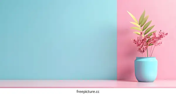 Pink and Blue Minimalist Background with Vase and Flowers
