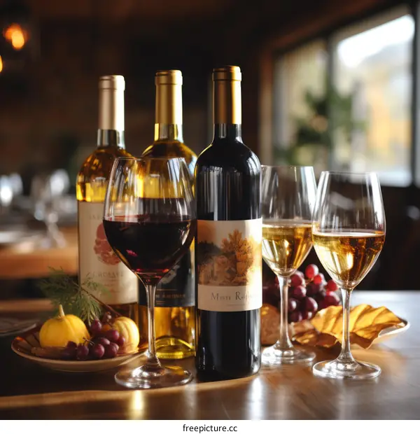 A table set with wine and glasses in a restaurant
