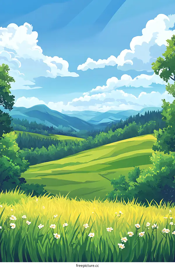 Beautiful Green Grass Field with Distant Mountains and Blue Sky