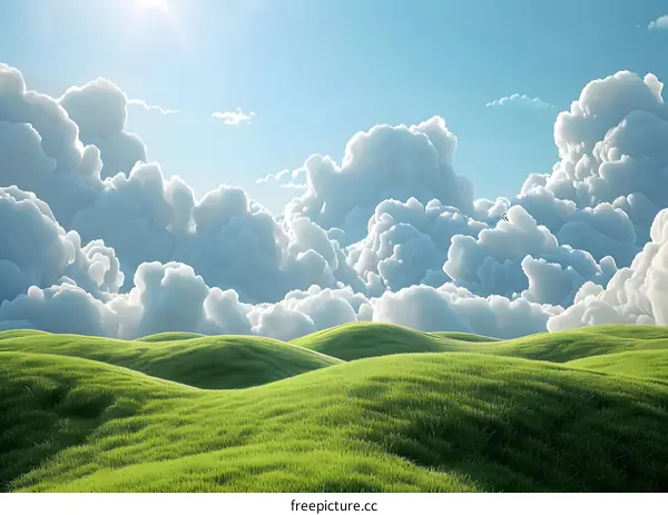 Green Rolling Hills And Fluffy Clouds In The Blue Sky