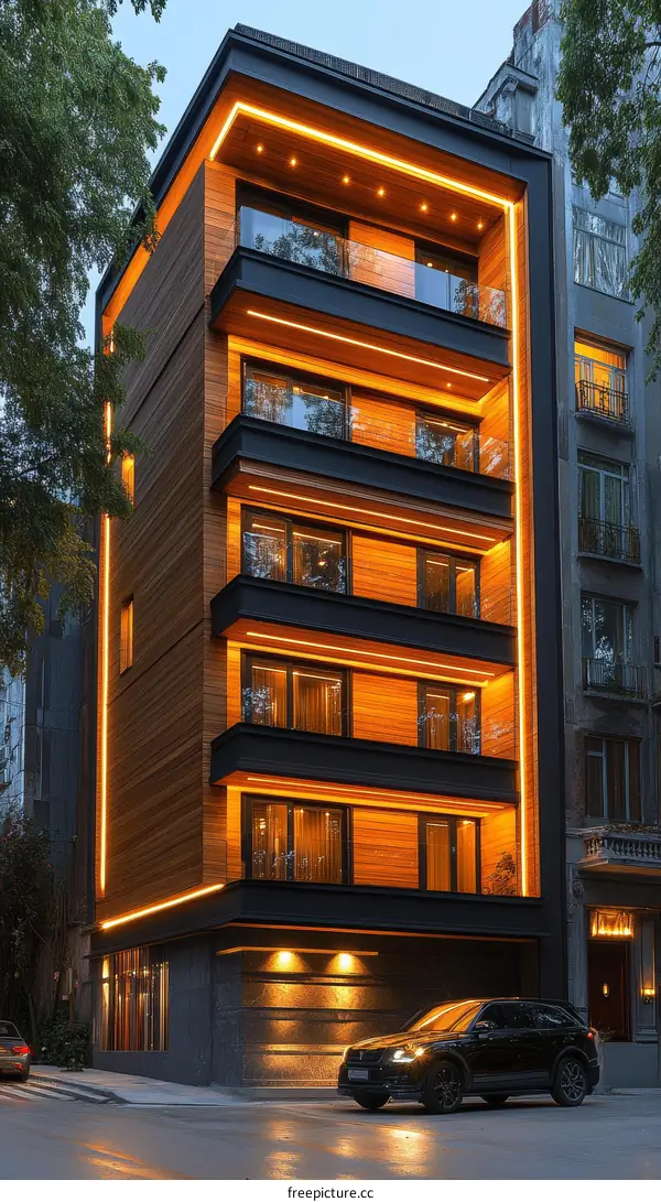 Modern Wooden Building Exterior at Night