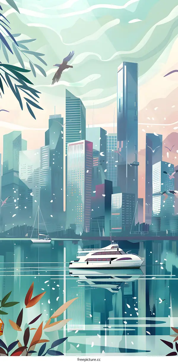 Cityscape with Boat and Birds