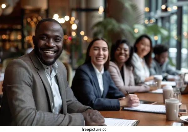 Group of multiracial business people sitting at the table in cafe and smiling at camera