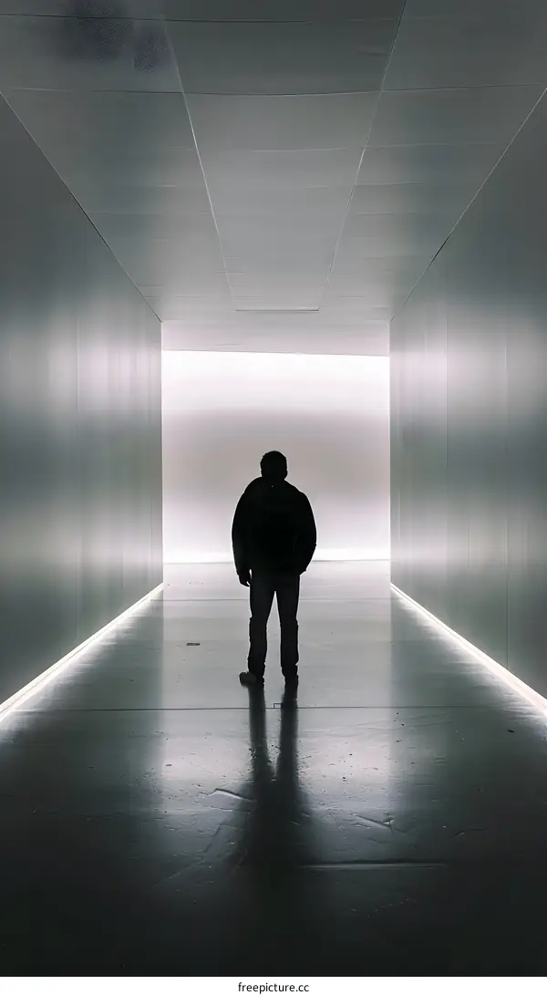 Silhouette of a Man Standing in a Modern Hallway with a Bright Light at the End