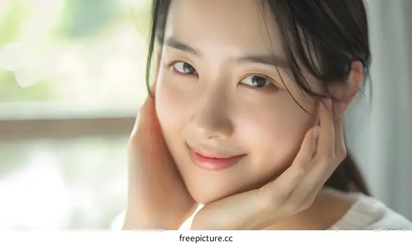 Beautiful Asian Woman with Long Black Hair Smiling