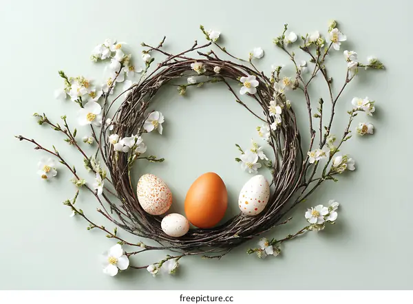 Spring Easter Wreath with Eggs and Flowers