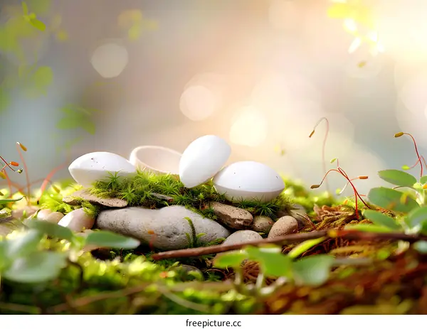 White Eggs Nestled in Mossy Rocks