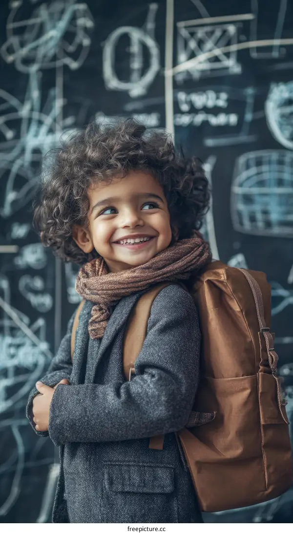 Smiling Child with Backpack in front of Chalkboard