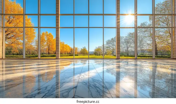 Autumn View Through Large Windows of Modern Building