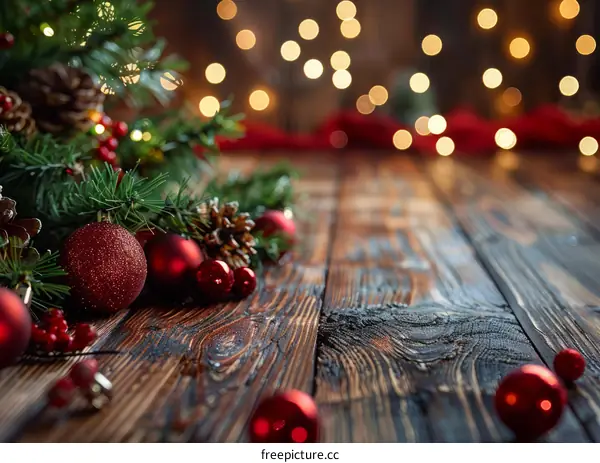 Christmas background with fir branches and red ornaments