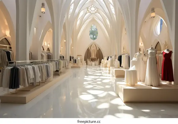Modern clothing store interior with vaulted ceiling