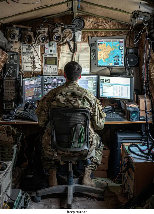 Soldier works at a computer in a tent