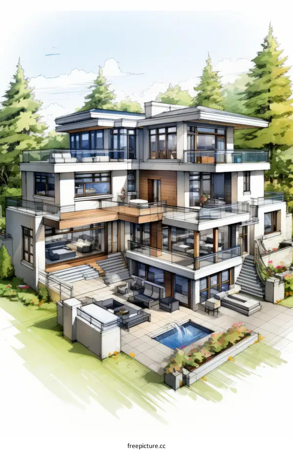 A modern house with a pool and a terrace