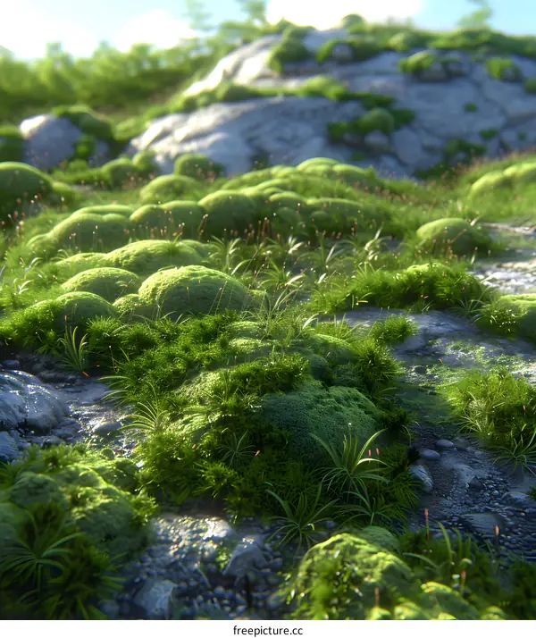 Close Up Of Green Moss Growing On Rocks