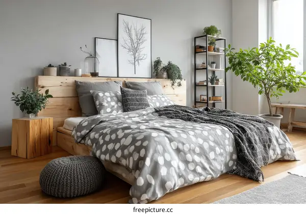 Modern Rustic Bedroom with Plants and Wooden Bed