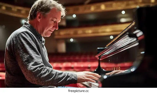 Man Playing Piano on Stage in Concert Hall
