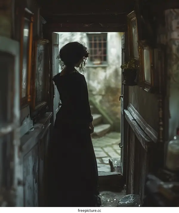 A woman in a black dress standing in a dark hallway
