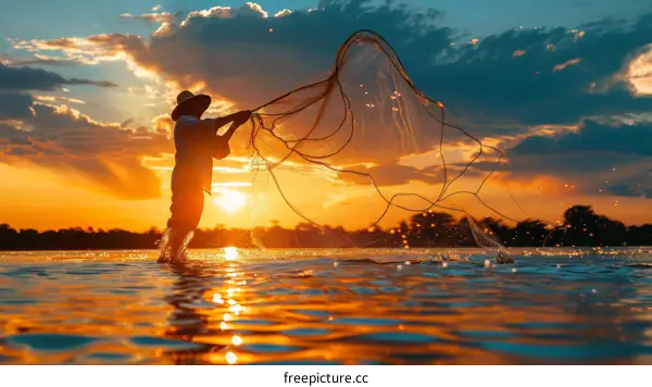 Fisherman in a boat at sunset silhouette with fishing net in the river
