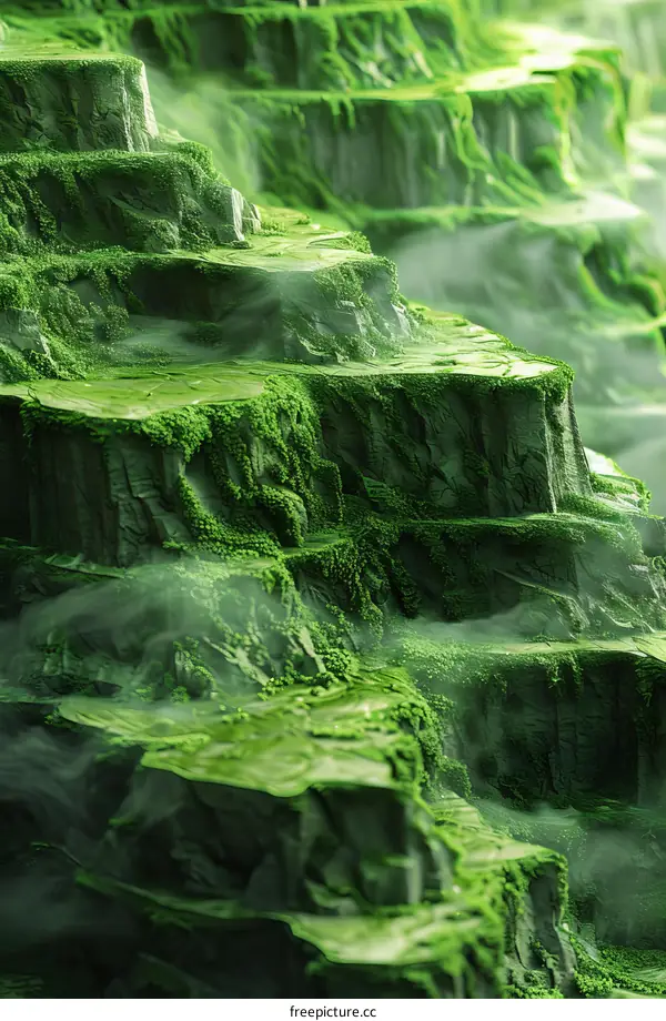 Green mossy rocks with mist