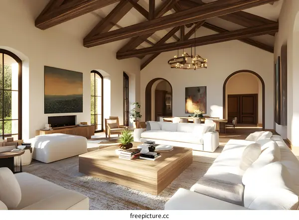 Modern Farmhouse Living Room Interior Design with Exposed Wooden Beams and Large Windows