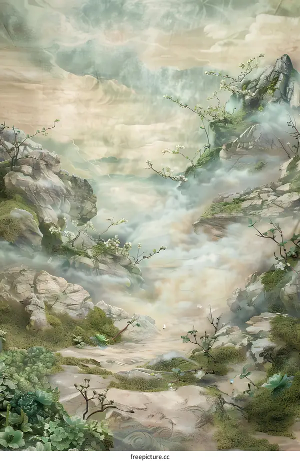 Chinese Style Mountain Landscape Illustration With Fog