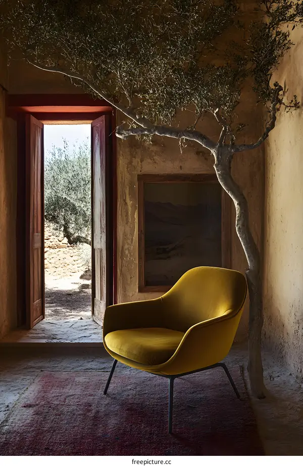 Modern Yellow Armchair In Rustic Interior Design With Olive Tree And View