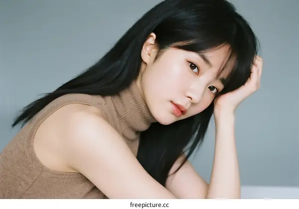 A Young Woman with Long Black Hair Leaning Her Head