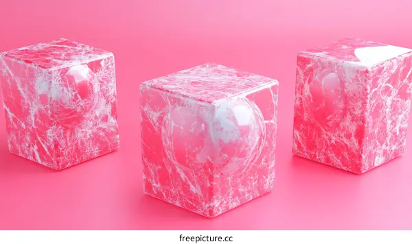 Three Pink Marble Cubes on a Pink Background