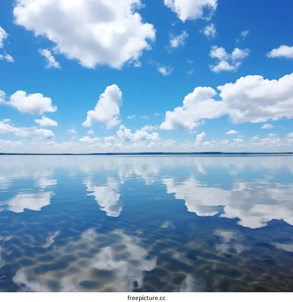 Blue sky and white clouds reflected in the calm water