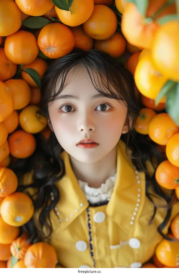 A girl in a yellow dress is sitting in a pile of oranges.