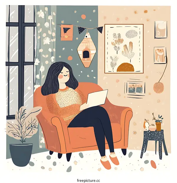 Cozy Home Illustration with Woman Using Laptop