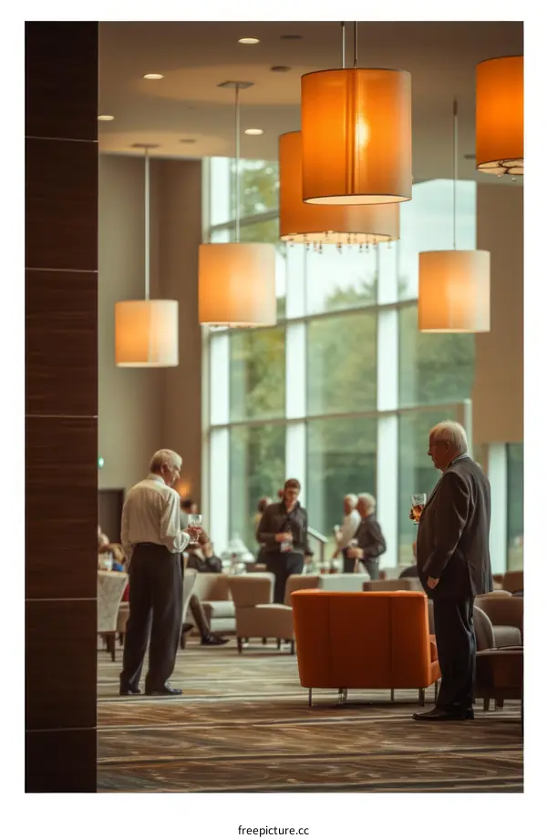 Two men stand near a large window in a hotel lobby