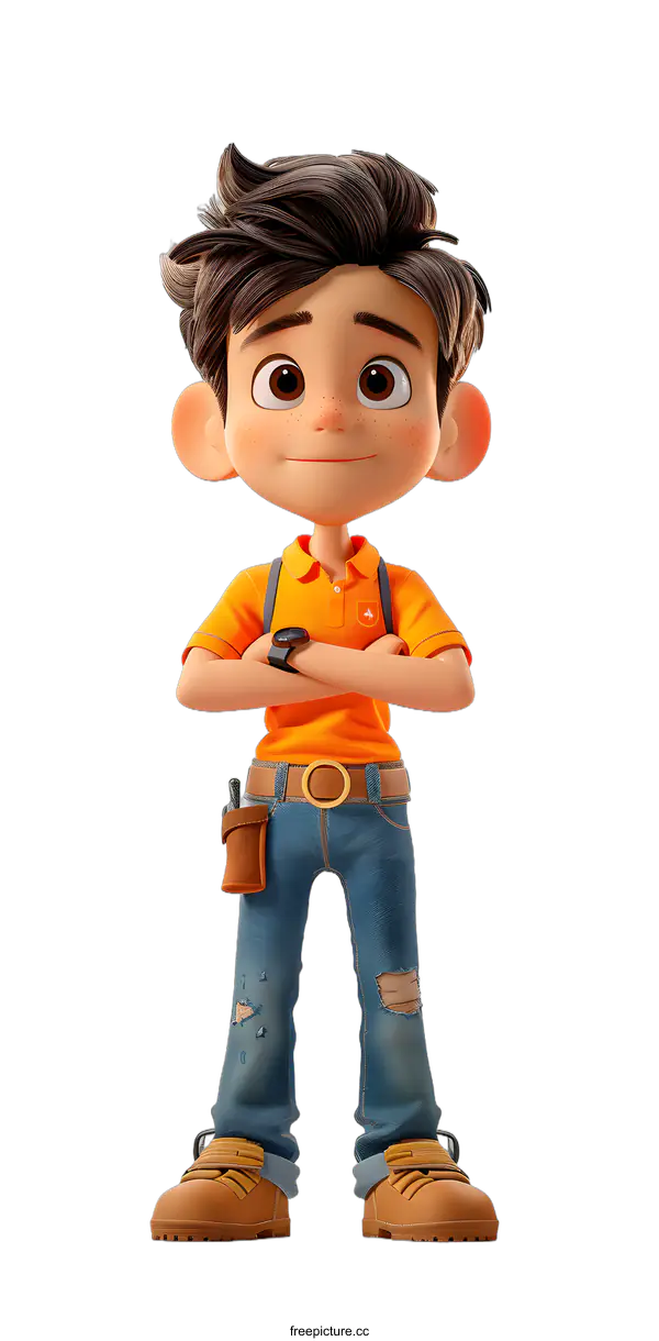[Transparent Background PNG]A boy with brown hair and blue eyes is wearing an orange shirt and blue jeans.