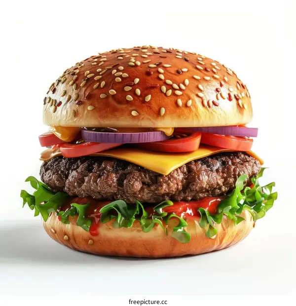 A cheeseburger with lettuce, tomato, onion, and ketchup on a sesame seed bun