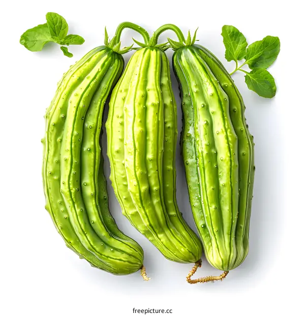 Three fresh green cucumbers on a white background