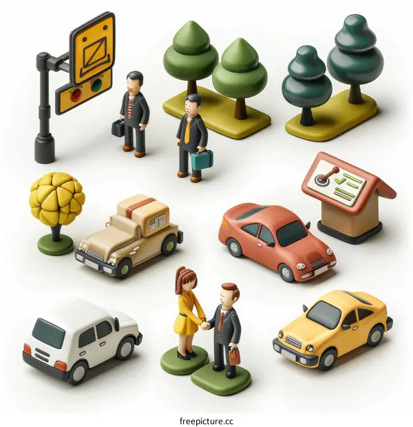 A 3D rendering of a city with cars, trees, and people