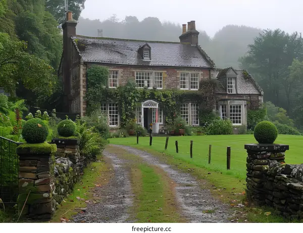 Misty Country Farmhouse with Winding Path