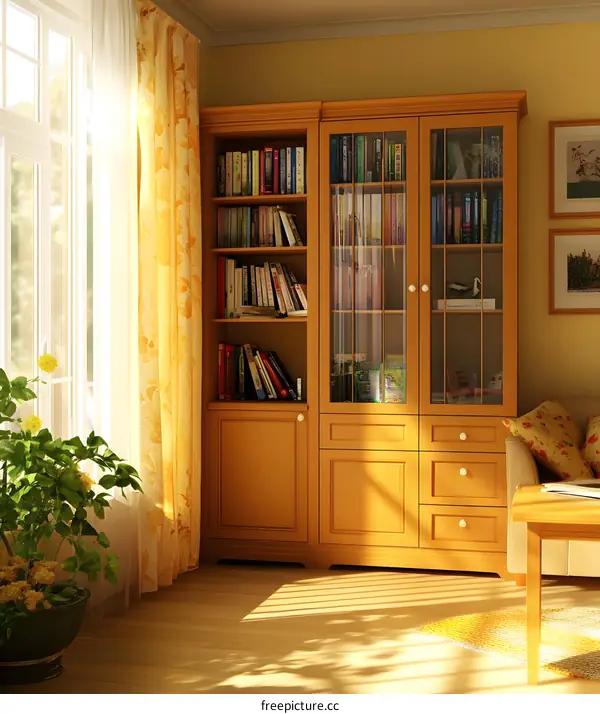 Sunlit Living Room with Bookcase and Glass Cabinet