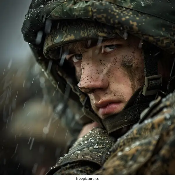 Portrait of a soldier in the rain