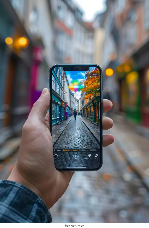 Person holding a phone with a picture of an European street