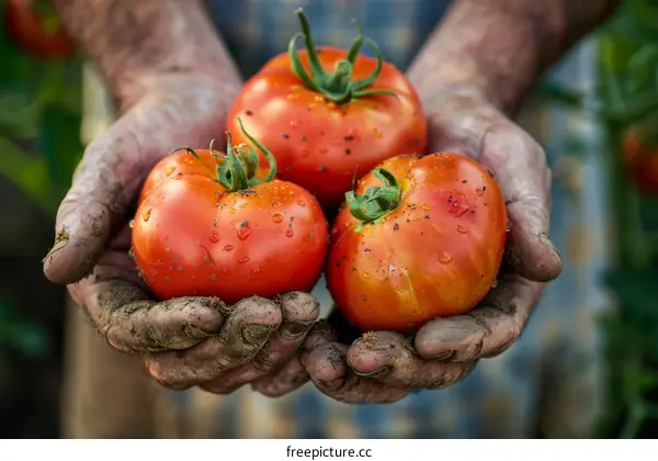 A farmer holding freshly-harvested tomatoes in his hands