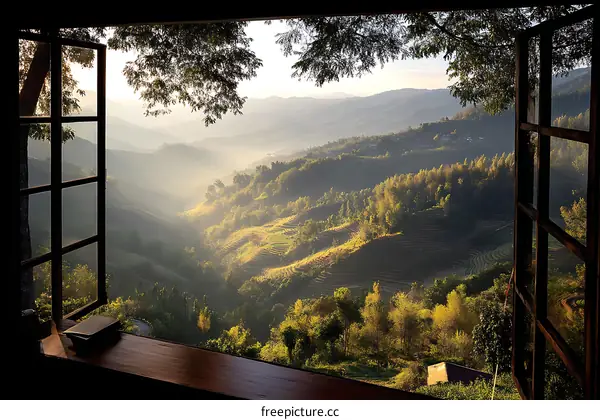 Serene Mountain View Through an Open Window